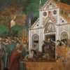 Giotto, Saluto di Santa Chiara e delle sue compagne a Francesco con dietro facciata forse ispirata a S. Maria del Fiore